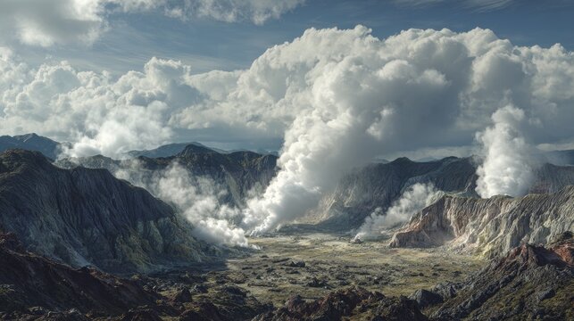 An otherworldly volcanic landscape features steaming vents, rugged mountains, and dramatic cloud formations