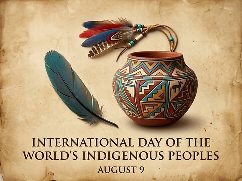 Colorful indigenous pottery with decorative feathers and geometric patterns celebrating world cultures and heritage beautifully