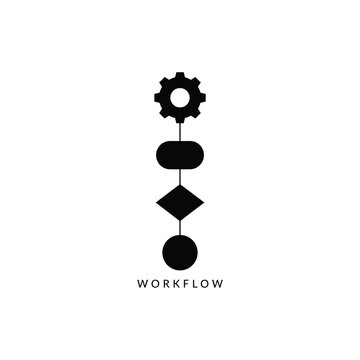 Workflow diagram featuring a gear oval diamond and circle shapes in a black silhouette style process flowchart scheme outline