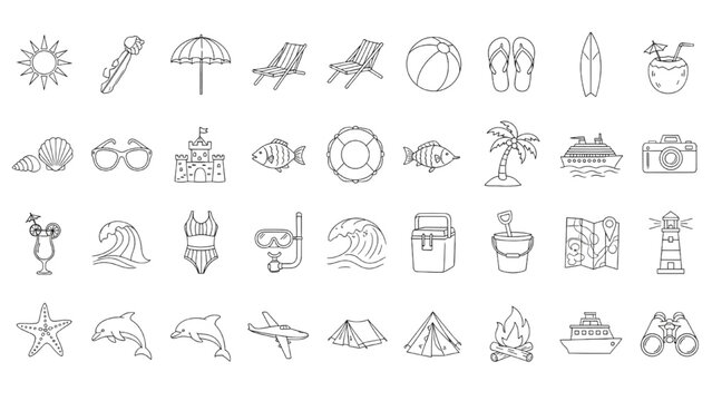 2D AutoCAD Vector illustration of various summer vacation icons on white