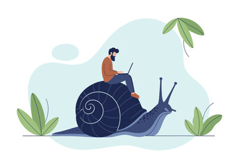 Man working on laptop while sitting on top of giant slow snail illustrating concept of low internet connection speed and delay in digital work productivity. © Sham