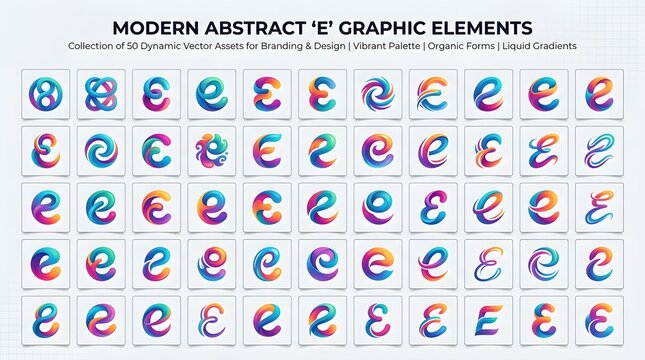 Modern abstract letter E graphic elements collection with 50 dynamic vector assets, vibrant gradient palettes, organic liquid curves and circular motions, perfect for logo concepts, icons, posters, ap