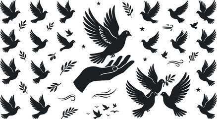 Fototapeta premium Flying peace dove black silhouette vector element set featuring freedom birds releasing from hand olive branch leaves stars and wind currents