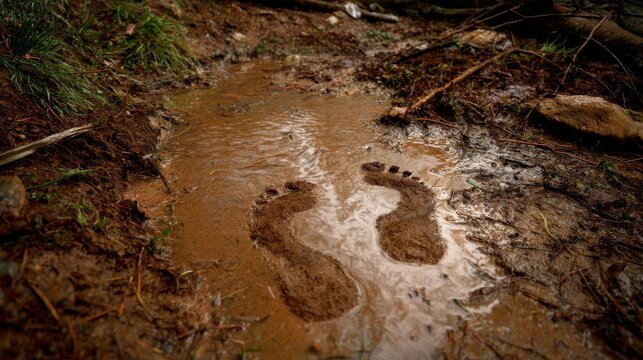 Close-up shows two distinct footprints impressed in thick, brown mud. Surrounding is forest debris and greenery