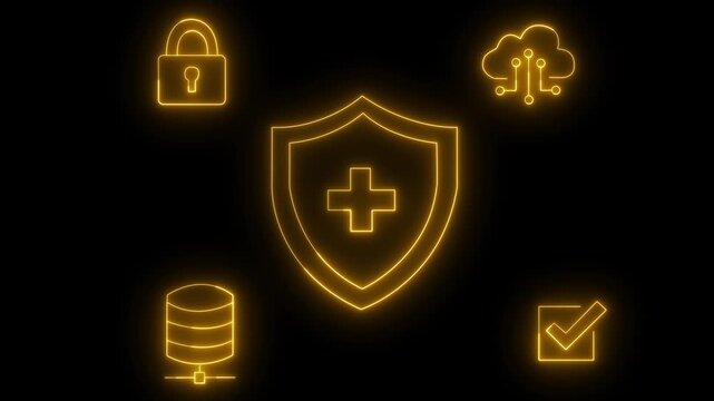 Golden Neon Cyber Security Interface Animation with Medical Shield, Cloud Network, Lock and Database Icons on Dark