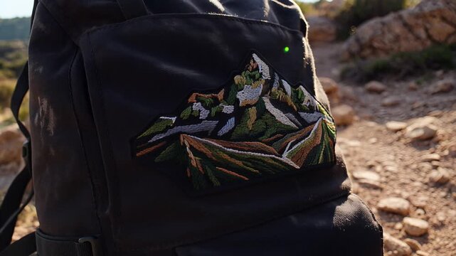 Intricate embroidered mountain travel patch on a dark backpack amidst a rocky outdoor landscape