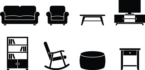 Black silhouette living room furniture vector icons set featuring sofa armchair bookcase television stand rocking chair and coffee table for interior design © Khadija