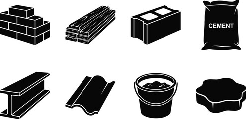 Black silhouette vector icons of heavy construction equipment including excavator bulldozer concrete mixer tower crane dump truck forklift front loader and road roller © Khadija