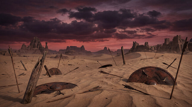 Abandoned historical battlefield with rusty, broken shields and arrows scattered on the desert sand