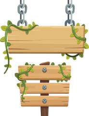 Fototapeta premium Wooden rustic signboards set, chains, planks, vines, foliage decoration, screws, outdoor signage, garden design, eco nature vector illustration
