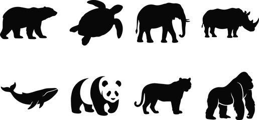 Black silhouette wild animal vector icons set featuring a bear sea turtle elephant rhinoceros whale panda tiger and gorilla for wildlife conservation design © Khadija