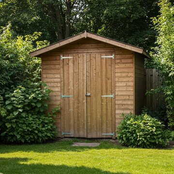 A quaint wooden storage shed sits nestled among vibrant summer greenery in a sunny backyard garden area, nature, Shed, container