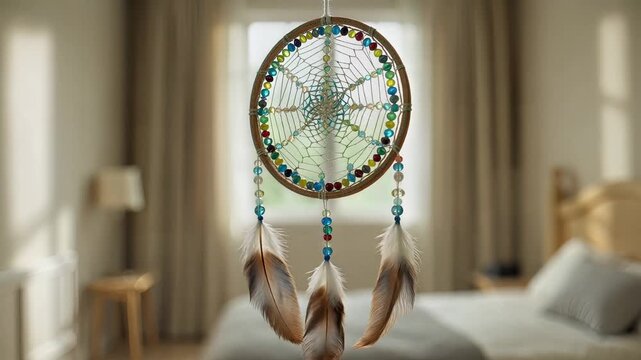 Intricate Woven Dreamcatcher Adorned with Colorful Beads and Feathers