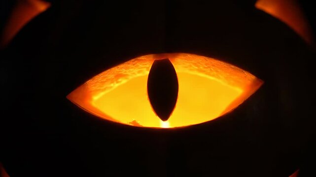 A close-up cinematic shot of a mischievously winking black cat eye made from carved pumpkin, surrounded by flickering, warm amber light halloween, night, seasonal