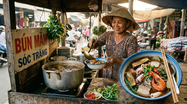Bun Mam Noodle Soup Served at Traditional Vietnamese Morning Market Stall