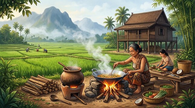 Traditional village cooking with woman and child in rice field landscape