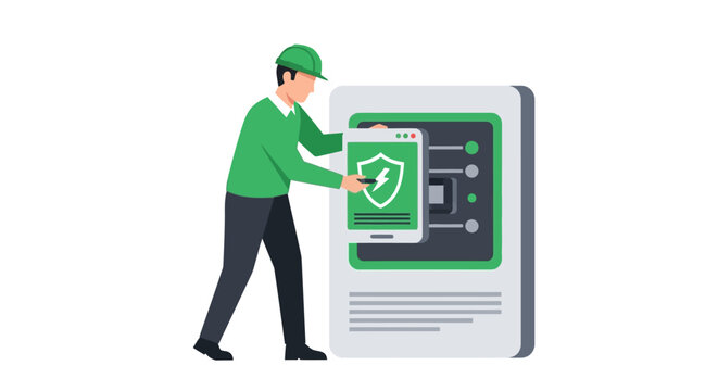 Professional Electrical Technician Using Digital Tablet for Maintenance and Safety Control of Industrial Power Panel, Energy Management Concept Vector Illustration