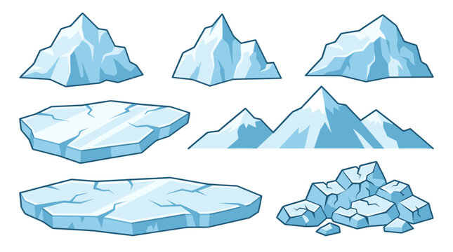 Set of blue icebergs glaciers mountains and ice floes vector