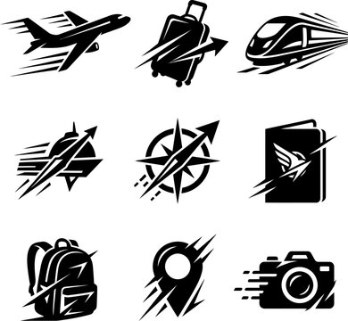Abstract travel icons with motion lines including airplane suitcase train compass passport backpack map pin camera