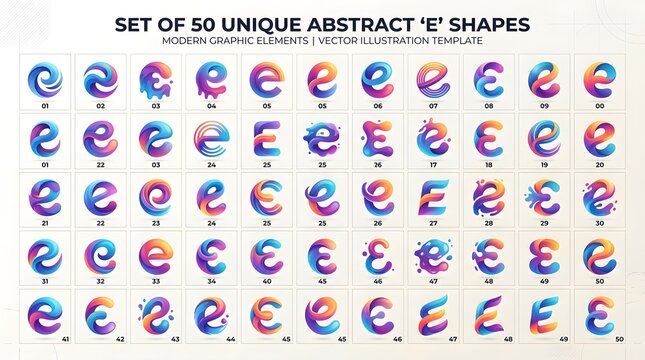 Set of 50 unique abstract E shapes with modern liquid gradients, swirling circular motions and playful splashes, a versatile vector illustration template perfect for logos, icons, posters, app brandin