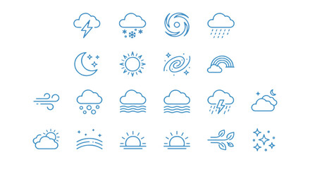Fototapeta premium Modern vector weather icon set. Features diverse atmospheric elements like sun, clouds, rain, snow, and lightning, perfect for digital design projects