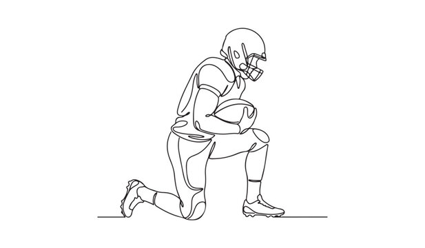 A continuous line drawing of an american football player kneeling on the field with a football.