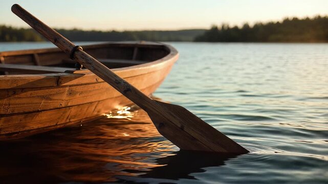 Rustic wooden oar rests on the edge of a weathered boat floating on a calm, sun-dappled lake with a forest background