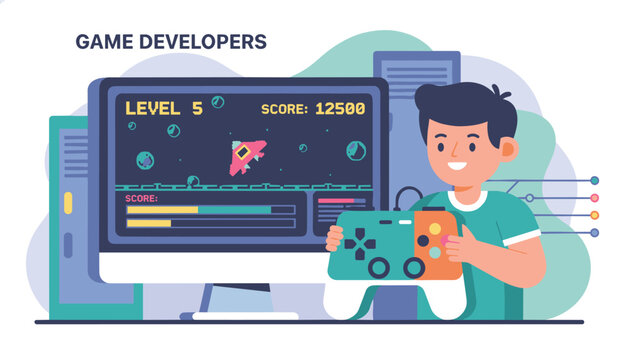 Smiling game developer holding a colorful console gamepad controller in front of a retro video game screen interface.