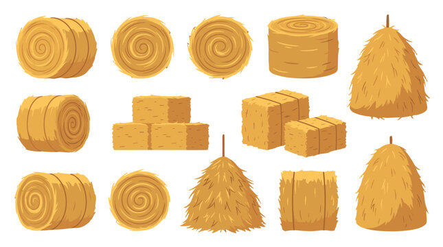 Set of hay bales and haystacks in cartoon vector style
