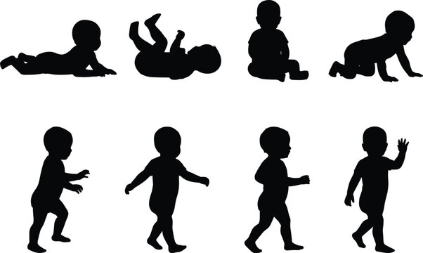 Collection of baby silhouettes showing growth stages from lying down to crawling and walking