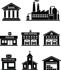 Obraz premium Set of public city building icons including bank factory police fire station post office church and warehouse