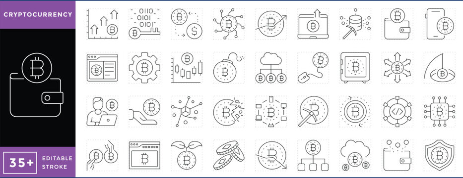 Cryptocurrency related 36 line icons set. Vector editable stroke.