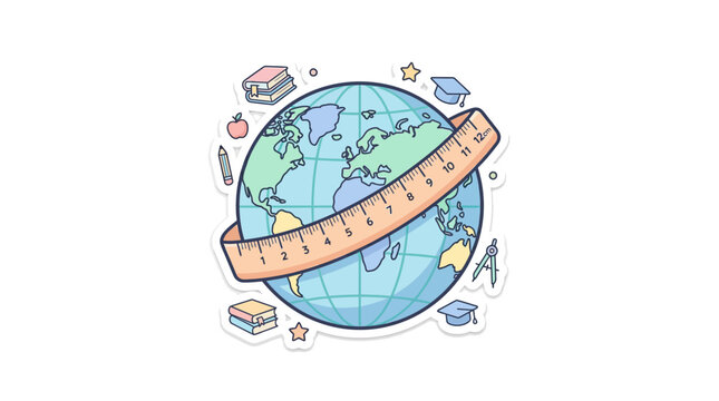 Education Global Concept: Globe Wrapped with Measuring Tape, Surrounded by School Supplies