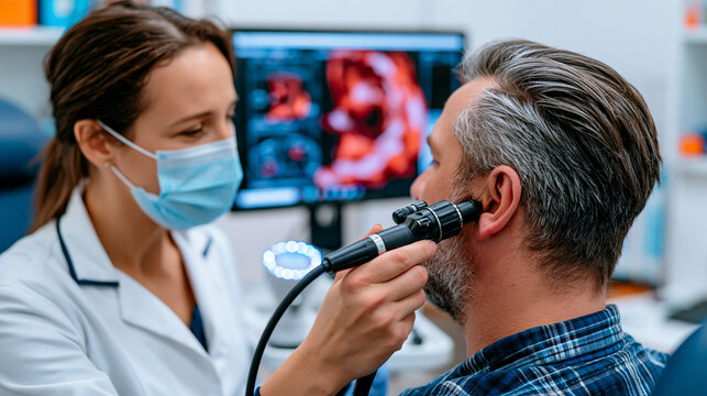 Ear nose and throat clinic with an audiologist using a microsuction device to perform professional ear wax removal on a male patient, illuminated otoscope on the tray beside the examination chair as