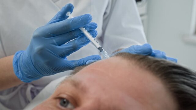 Middle aged Caucasian man receiving hair mesotherapy injection in scalp from doctor in blue gloves. Ideal for hair loss treatment clinics, male grooming, and cosmetic surgery marketing