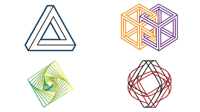 Set of abstract geometric line art optical illusion shapes