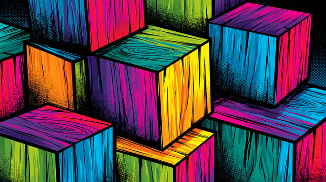 Comic book stacked wooden cubes with bold neon colors and dynamic geometric pop art style