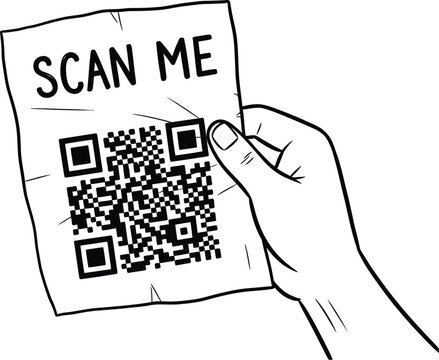 A hand-drawn illustration featuring a human hand holding a paper note with a qr code scan me sign