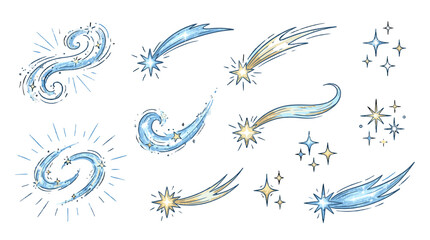 Fototapeta premium Hand drawn sparkling comet and star doodle set