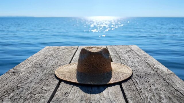 Sun-drenched straw hat resting on a weathered wooden pier with the sparkling ocean in the background