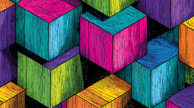 Comic book stacked wooden cubes with bold neon colors and dynamic geometric pop art style