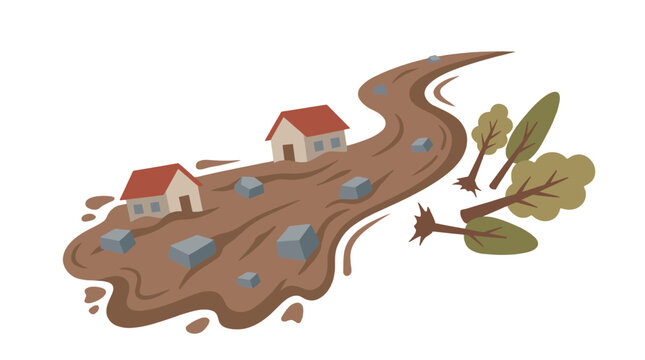 Vector illustration of landslide damaging houses and trees