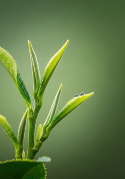Extreme close-up of tiny, vibrant green tea buds ready for harvesting, symbolizing delicate spring flavor and natural freshness, tasting, leaf, leaves