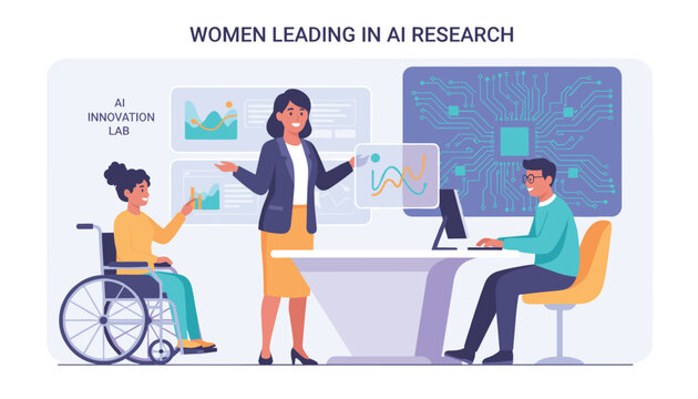 Professional female researchers leading smart artificial intelligence scientific development in an innovative lab.