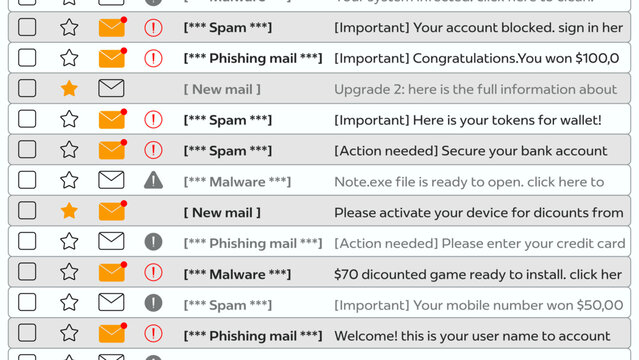 email inbox page with notification of spam, phishing and malware from scammer, hacker try to attack pc, mobile to steal data. cyber security concept 