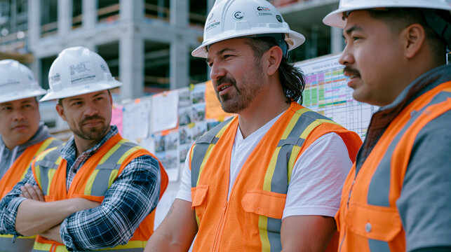 Multicultural construction management team gathered around site-level project review board showing updated schedule lookahead, progress photos and RFI log sheets pinned across surface, partially enc