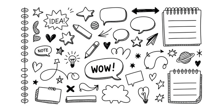 Black and white doodle of stationery and thought bubbles speech bubbles notebook in white background
