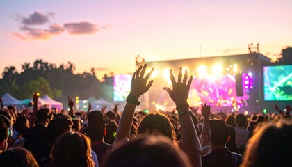 Fototapeta premium Crowd of people cheering at a vibrant outdoor music festival during a colorful sunset landscape