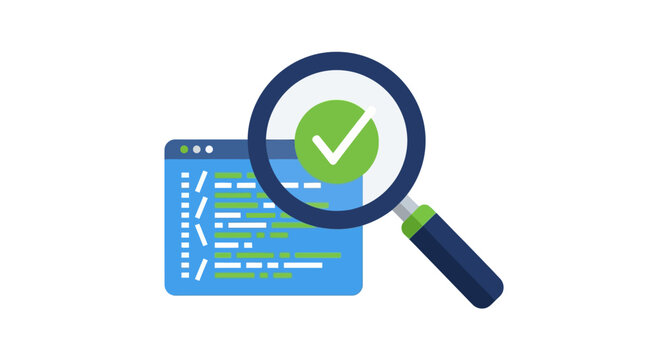 Software Testing and Code Review Concept Illustration with Magnifying Glass and Green Checkmark over Programming Code Editor
