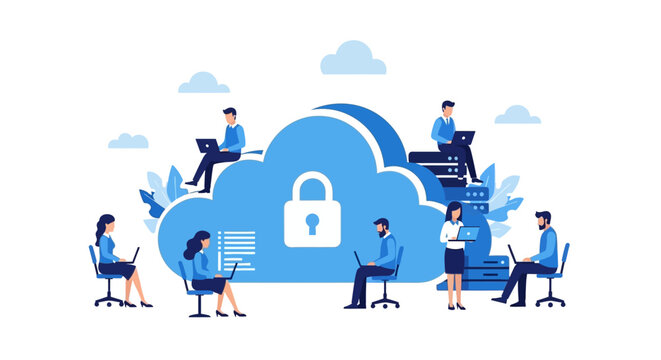 Cloud Computing Security and Data Protection Concept: Professional Team Working on Secure Network Infrastructure Illustration
